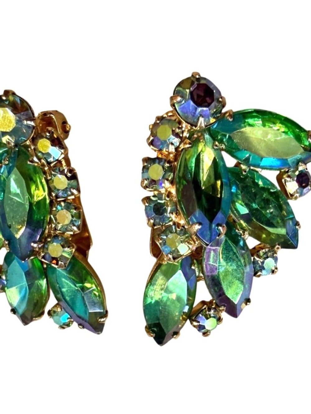 Vintage Green Aurora Borealis Rhinestone Leaf Clip-On Earrings 1.5 Inches